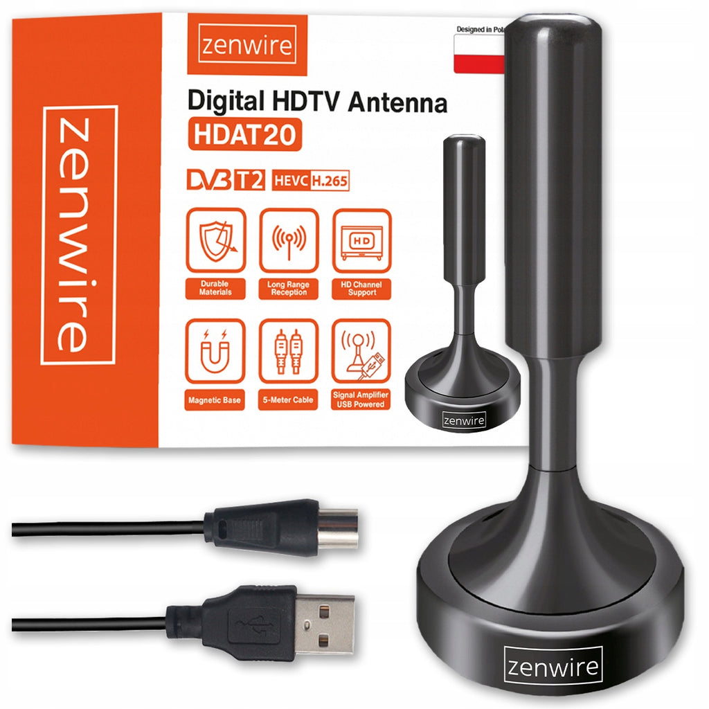 Antenne TV terrestre d'intérieur DVBT2 HEVC H.265 puissante 5 m Zenwire HDAT20