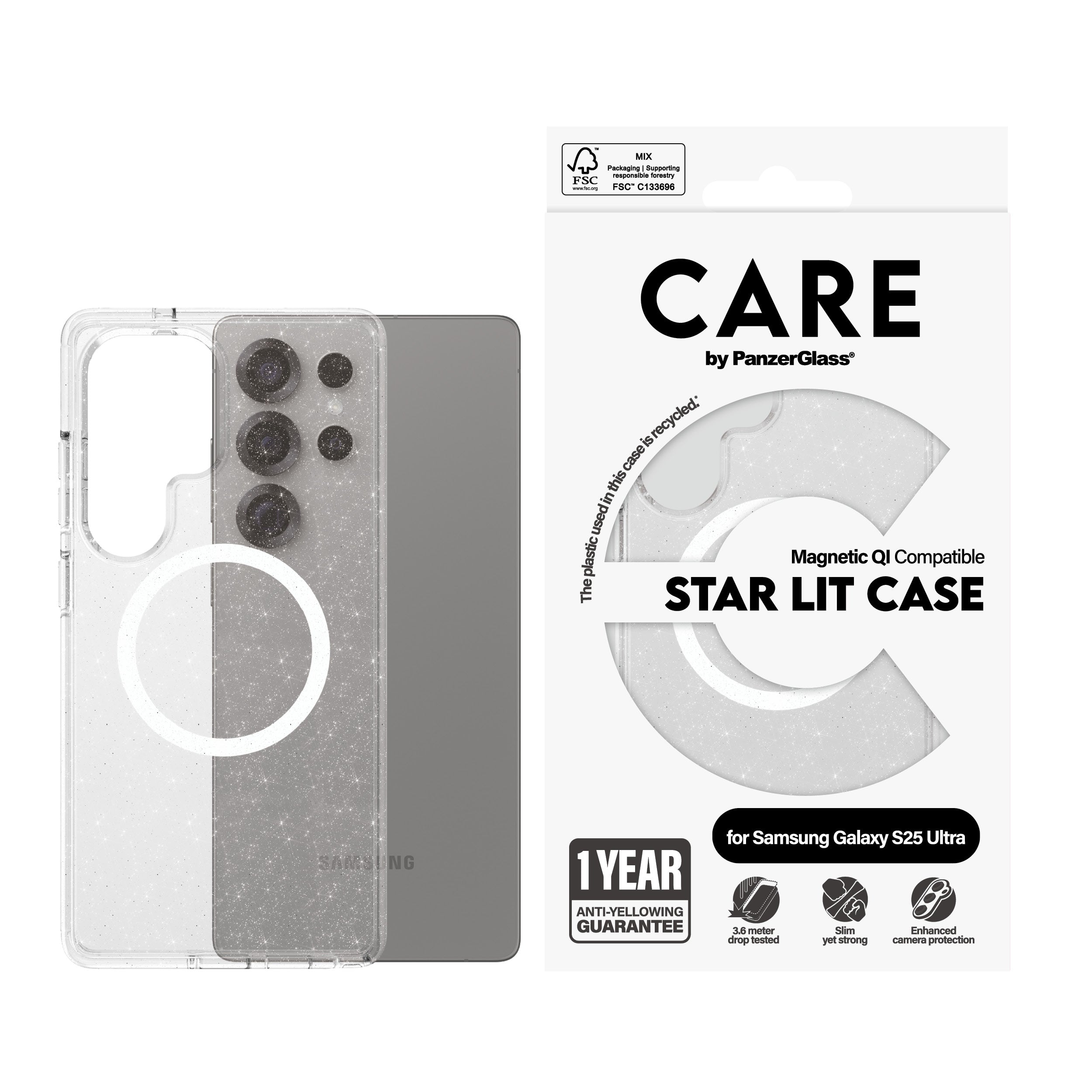 PanzerGlass PanzerGlass CARE™ by ® Urban Combat Case Star Lit w. White Qi Compatible Samsung Galaxy S25 Ultra coque de protection pour téléphones portables Housse Transparent