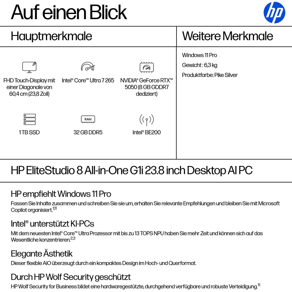 HP EliteStudio 8 G1i AI AIO Core Ultra 7 265, 32GB RAM, 1TB SSD, Intel Graphics, Windows 11 Pro