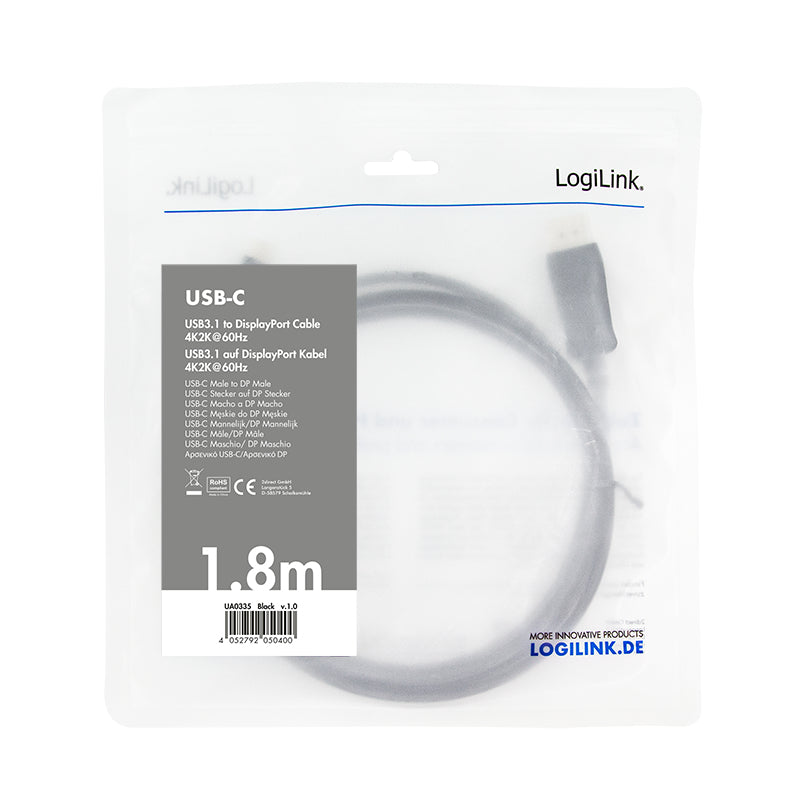 LogiLink UA0335 câble vidéo et adaptateur 1,8 m USB Type-C DisplayPort Noir
