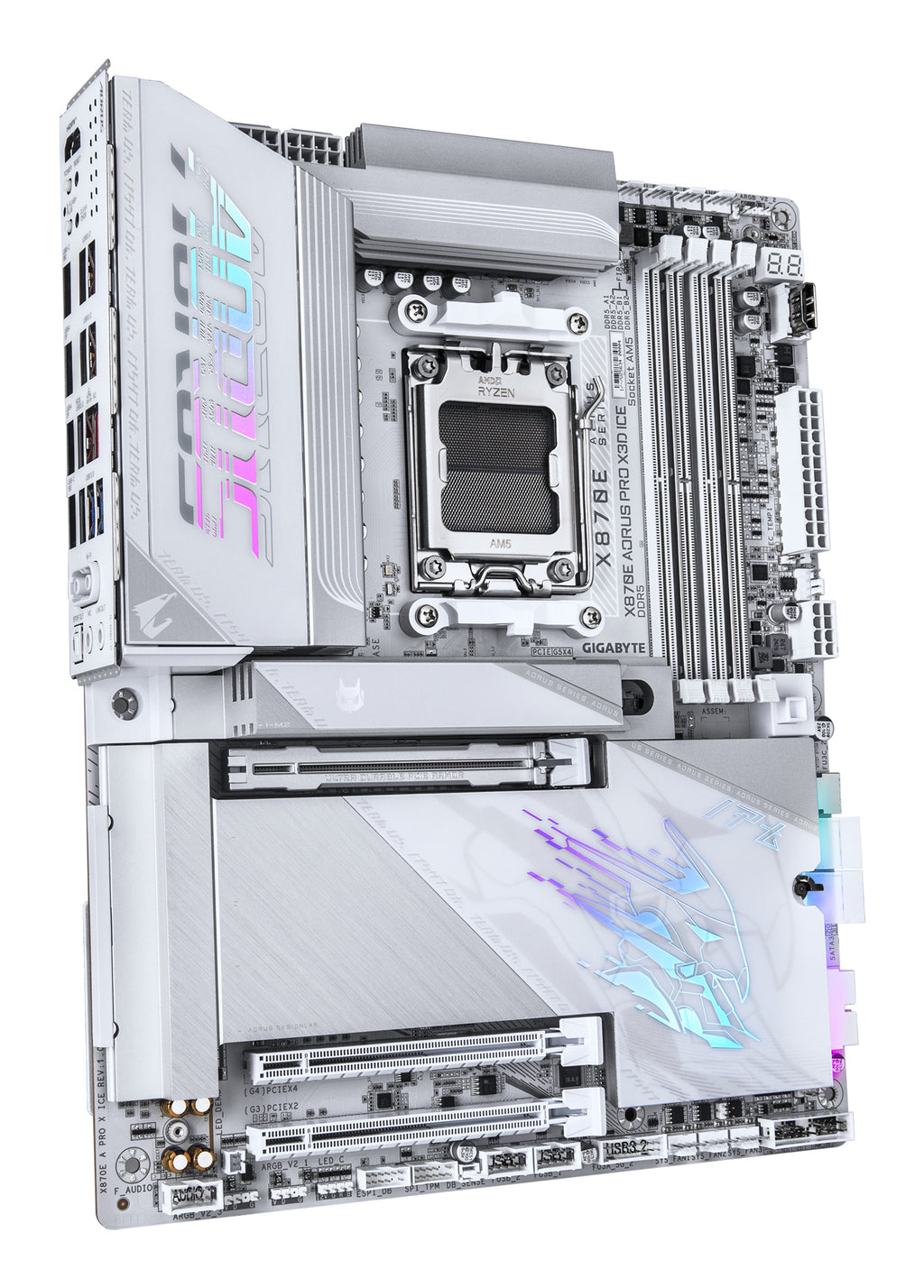 GIGABYTE X870E AORUS PRO X3D ICE Carte Mère – Prend en charge les processeurs AMD Ryzen 9000, VRM numérique 18+2+2 phases, jusqu’à 9000 Hz DDR5 (OC), 2 x PCIe 5.0 + 2 x PCIe 4.0, Wi-Fi 7, LAN 5 GbE, USB 4