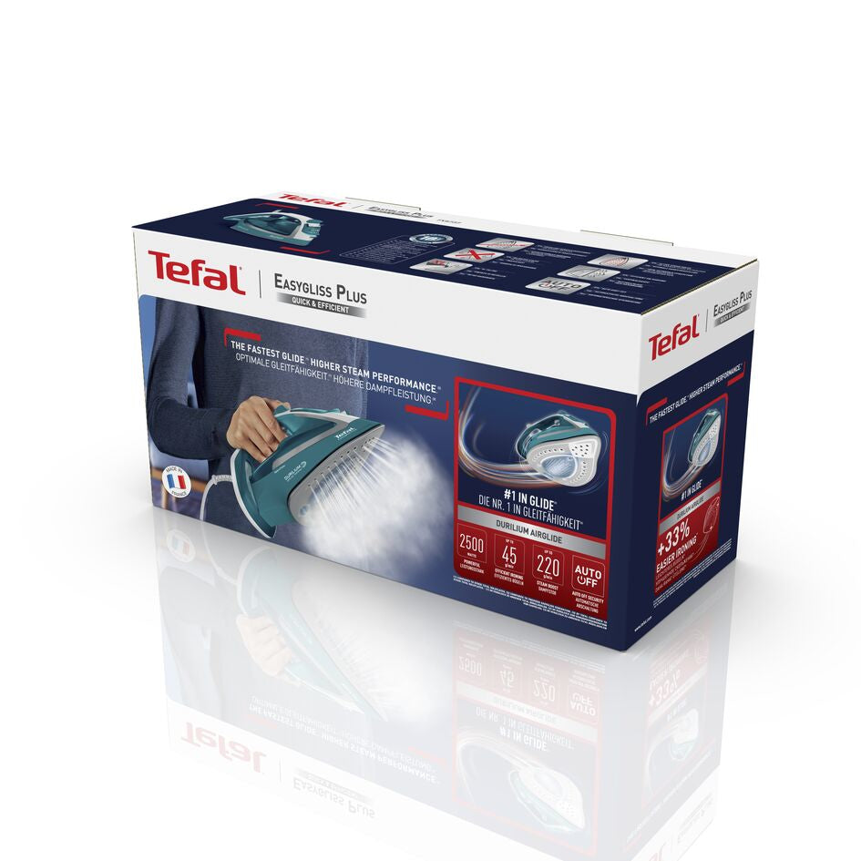 Tefal EasyGliss Plus FV5737 Fer à Repasser à Sec ou à Vapeur, Semelle Durilium, 2500 W, Turquoise et Blanc