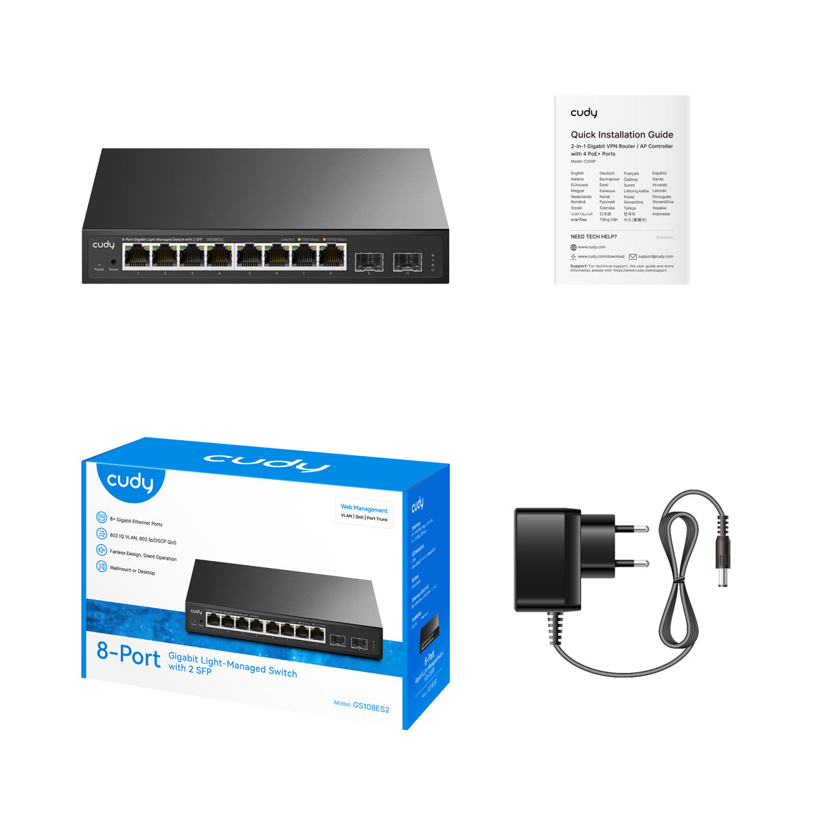 Cudy 8-Port Gigabit Easy-Managed Switch with 2 SFP, GS108ES2 1.0 Géré L2 Gigabit Ethernet (10/100/1000) Noir