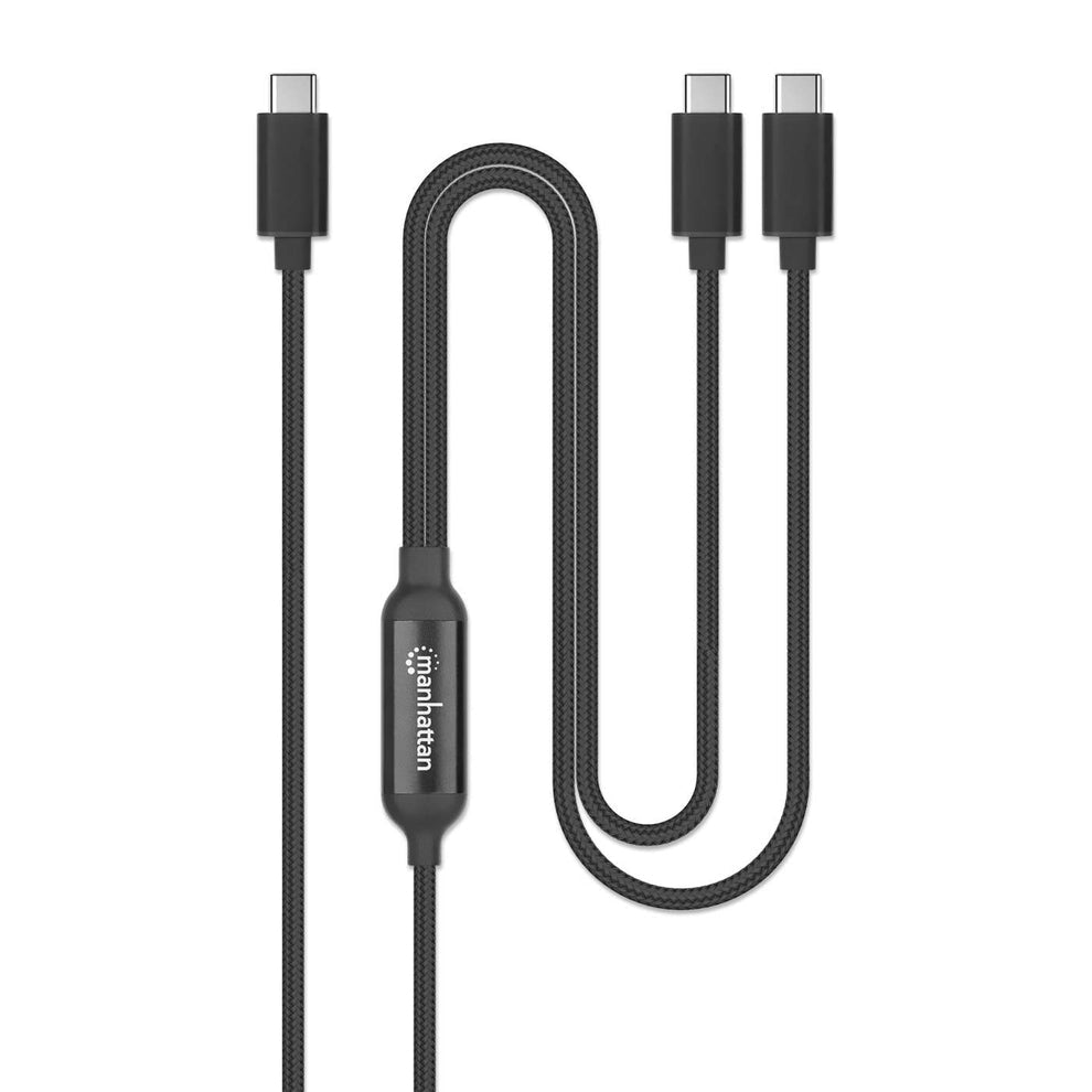 Manhattan Câble de charge USB-C vers USB-C double, répartiteur intelligent, 100 W, 2 m, charge deux appareils depuis un port USB-C PD, gaine tressée, noir, garantie 3 ans