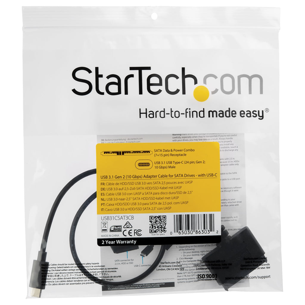 StarTech.com Adaptateur USB 3.1 vers SATA III pour disque dur 2,5", USB-C, UASP, 10 Gb/s