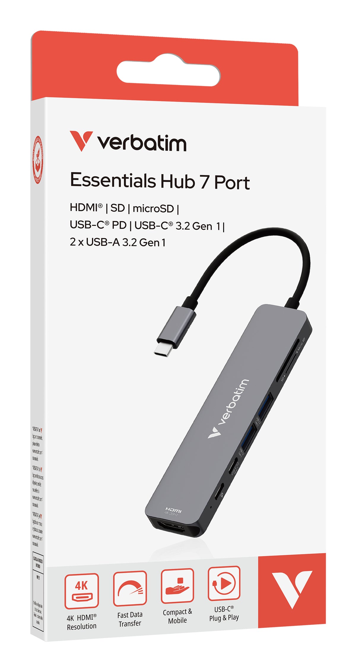 Verbatim Hub multiports USB-C Essentials, 7 ports HDMI 4K, USB-C PD, USB-A 3.2 Gen 1, Lecteurs SD/microSD