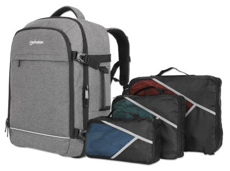 Manhattan Sac à dos de voyage Rome 17,3", 2 compartiments (PC jusqu’à 17,3" + tablette jusqu’à 11"), format cabine avion, 40 L, multiples poches, 3 pochettes souples, 2 poignées, bretelles escamotables, gris clair