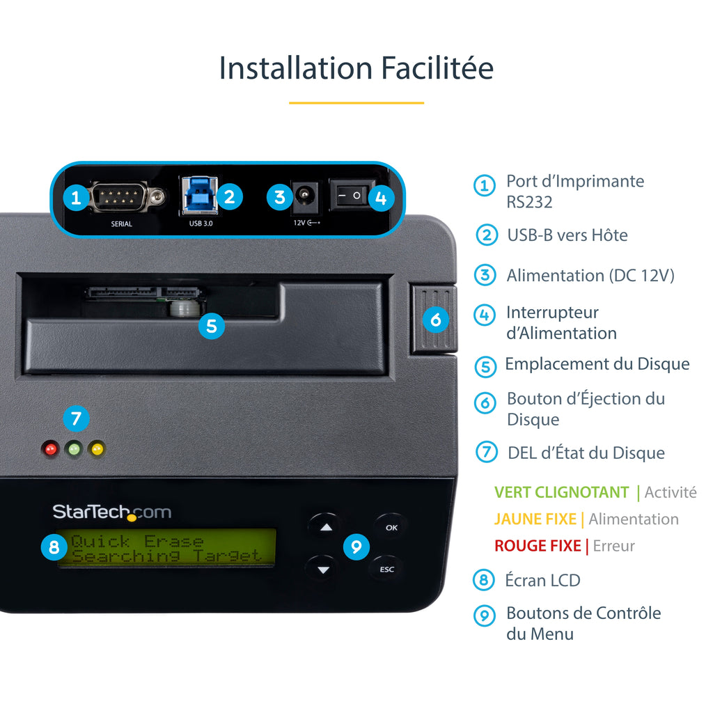 StarTech.com Effaceur de Disque Dur Baie Unique USB 3.0 vers SATA II, 9 Modes d'Effacement, Écran LCD, Conforme TAA