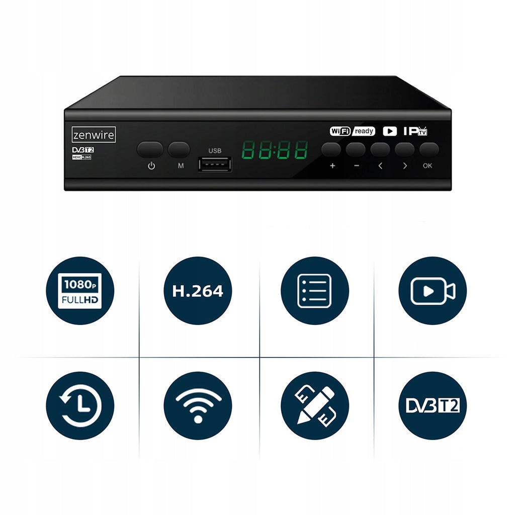 Récepteur satellite DVB-T2 HEVC H.265 Full HD pour la télévision terrestre avec port USB, Zenwire DVB-T2 001