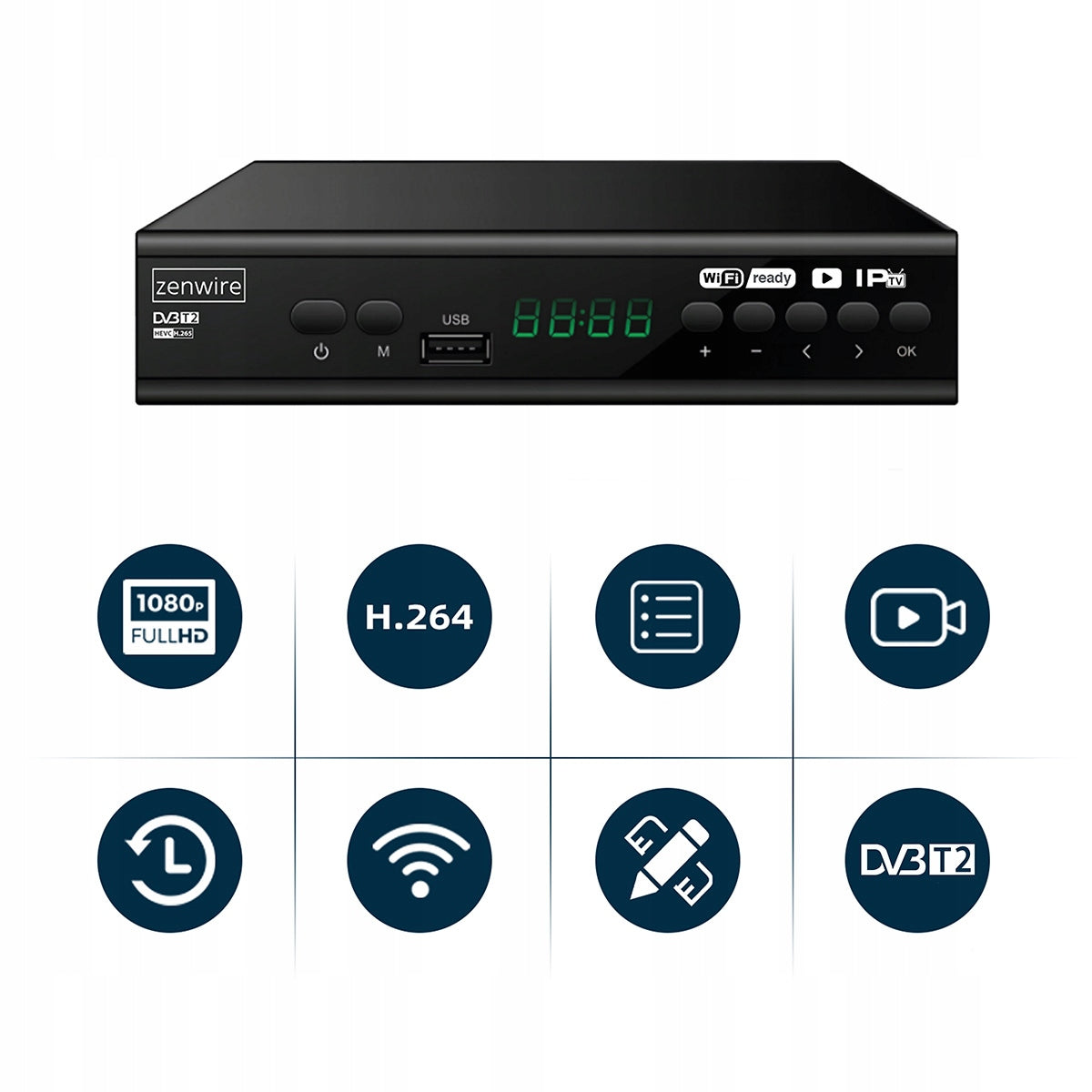 Récepteur satellite DVB-T2 HEVC H.265 Full HD pour la télévision terrestre avec port USB, Zenwire DVB-T2 001