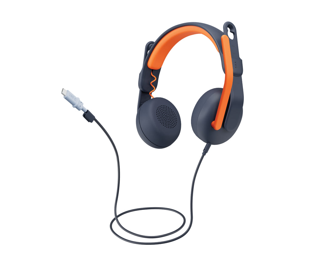 Logitech Zone Learn Casque Filaire Supra-Auriculaire pour Apprenants, USB-C, Noir et Orange