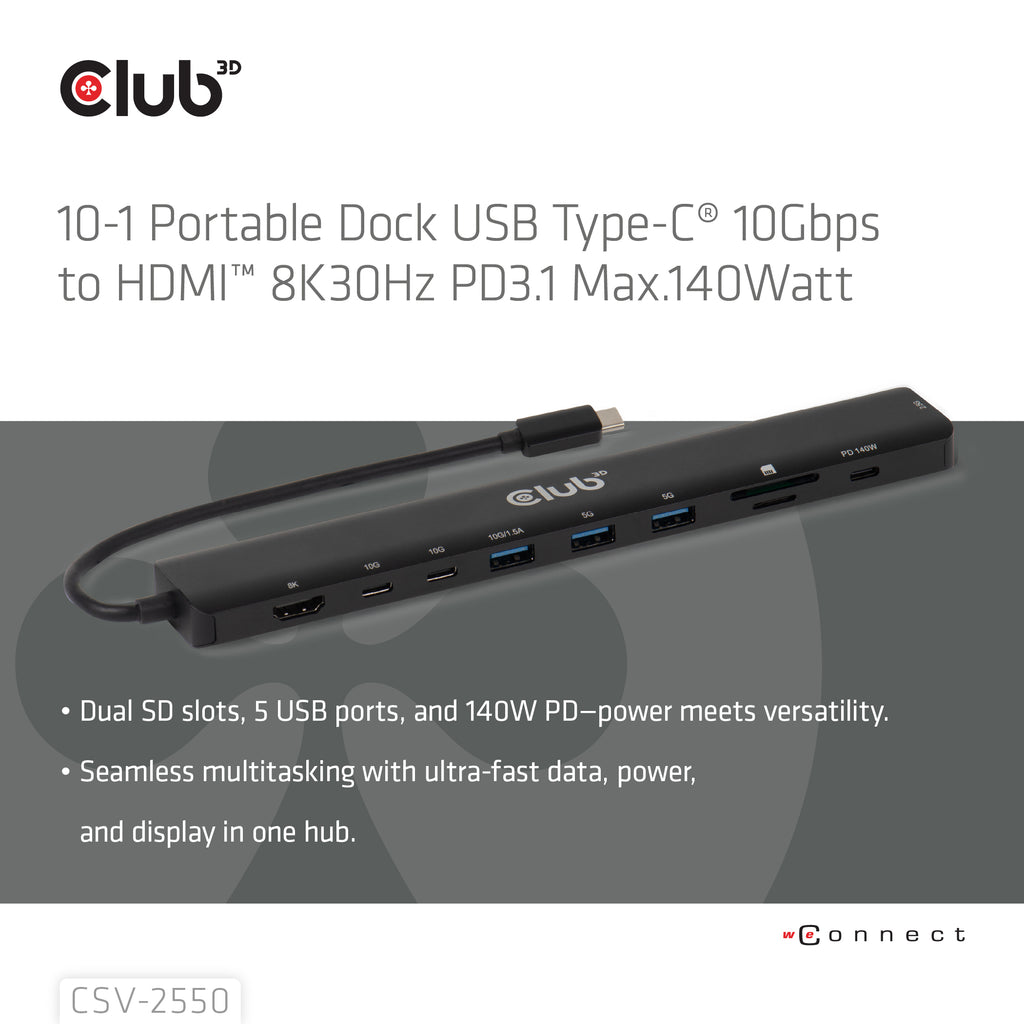 CLUB3D CSV-2550 station d'accueil Avec fil USB Type-C Noir
