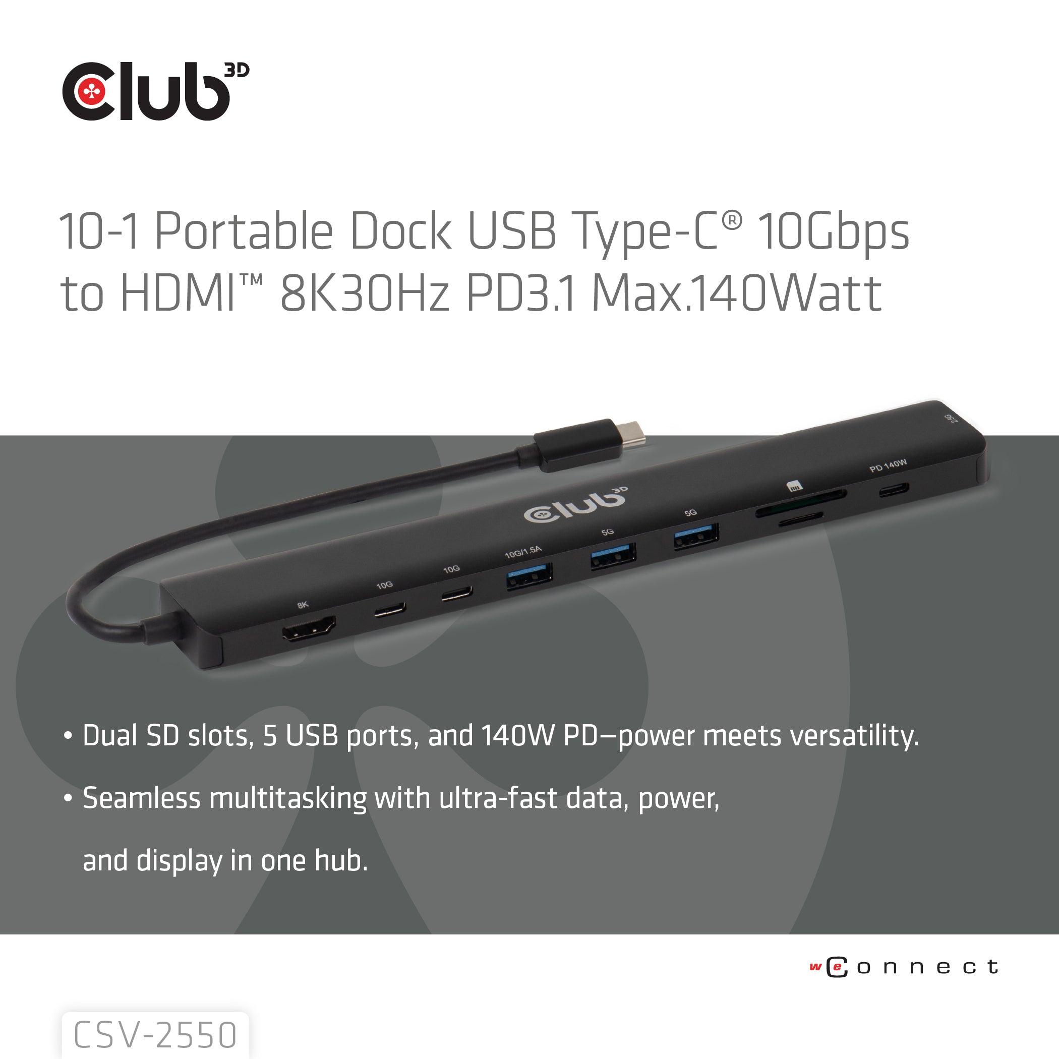 CLUB3D CSV-2550 station d'accueil Avec fil USB Type-C Noir