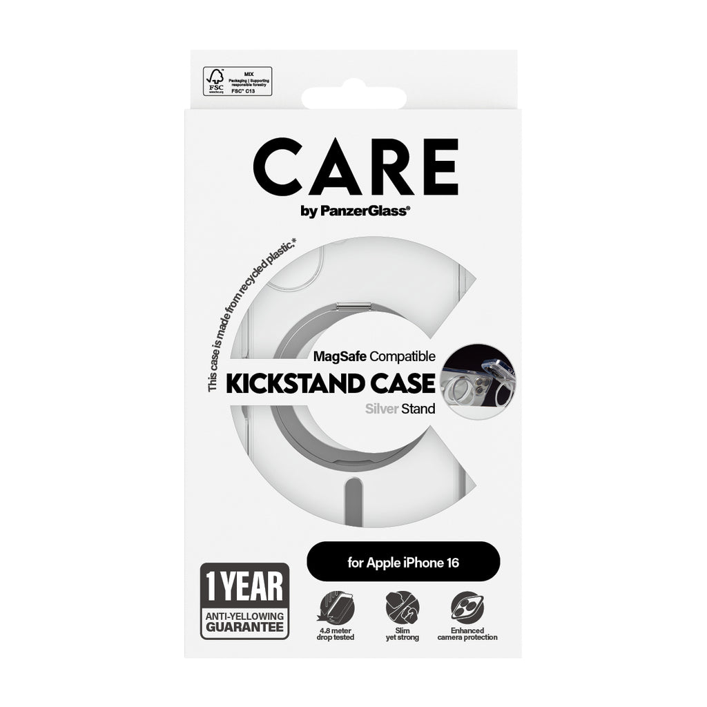 PanzerGlass CARE™ by ® Case Transparent w. Silver Kickstand & MagSafe iPhone 16 coque de protection pour téléphones portables Housse
