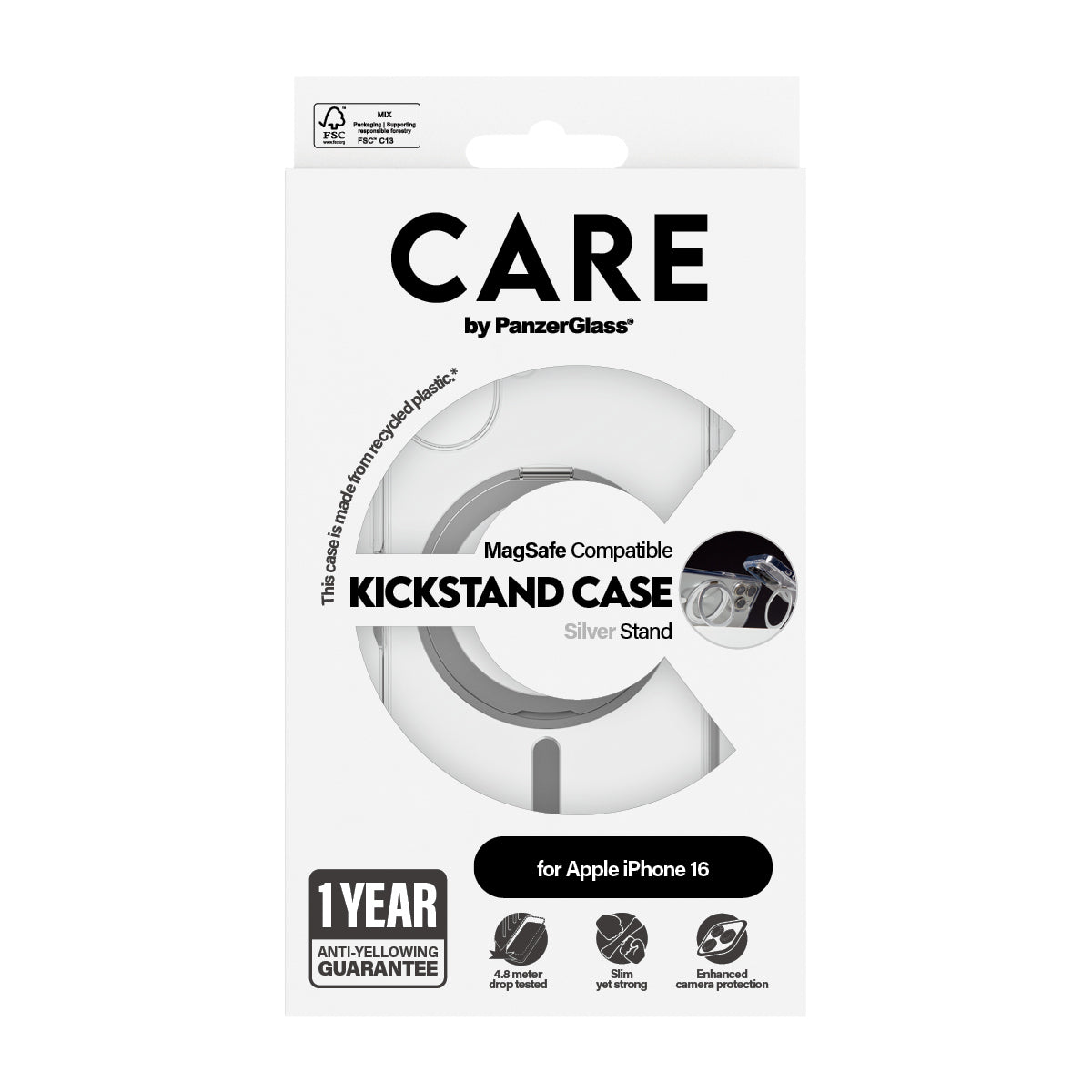 PanzerGlass CARE™ by ® Case Transparent w. Silver Kickstand & MagSafe iPhone 16 coque de protection pour téléphones portables Housse
