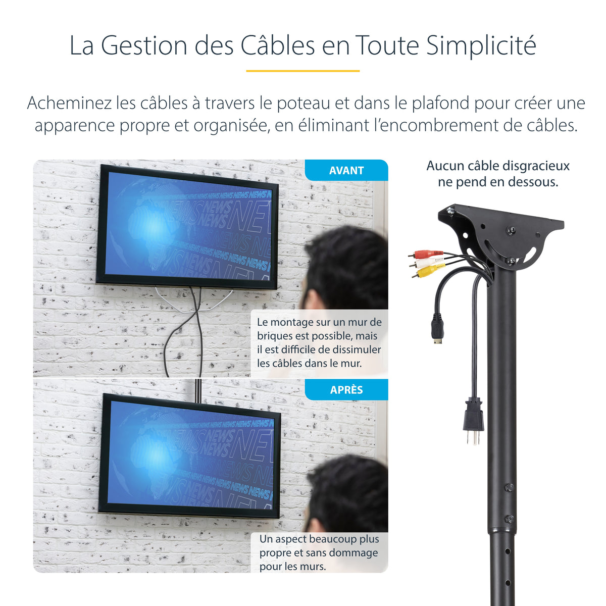 StarTech.com Support TV pour Plafond - Support Universel pour Écran Unique avec Mât Télescopique Réglable - Inclinable/P