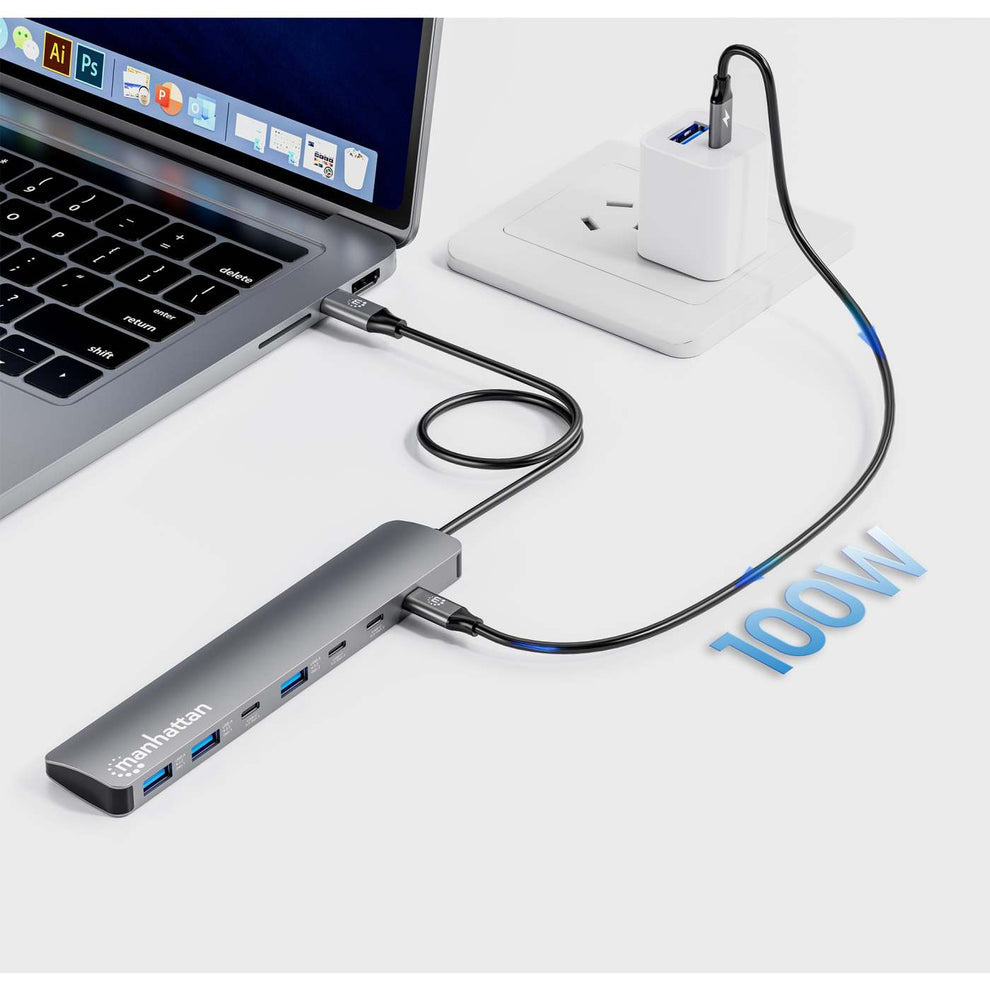 Manhattan Dock/hub USB-C, 7 ports : 3x USB-A + 4x USB-C, Pavec Power Delivery (PD) 100 W - nécessite un chargeur USB-C externe (non inclus). Alimenté par USB (aucune alimentation externe requise) lorsque le PD n’est pas utilisé, aluminium - vue 6