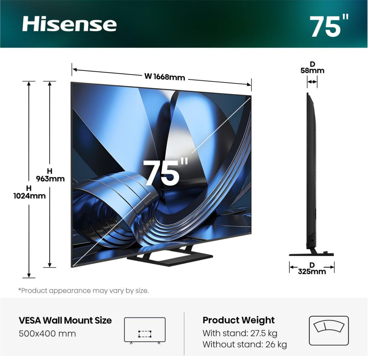 Hisense 75U7DSE 190,5 cm (75") 4K Ultra HD Smart TV Wifi Noir
