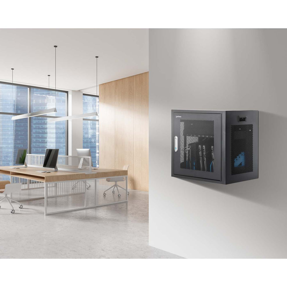 Manhattan Laptop Charging Cabinet Desktop via AC Adapter (EU) 10-bay Install device's AC Adapter (power cables) into unit Suitable for ALL laptops (to 16 ) iPads MacBooks Chromebooks other portable devices Bays 380x30x280mm Cart Lockable - vue 6