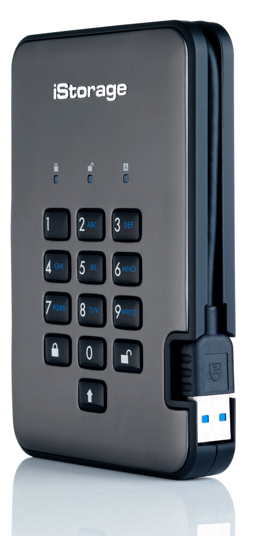 iStorage diskAshur PRO2 1TB 256-bit USB 3.2 secure encrypted solid-state drive IS-DAP2-256-SSD-1000-C-G - vue 3
