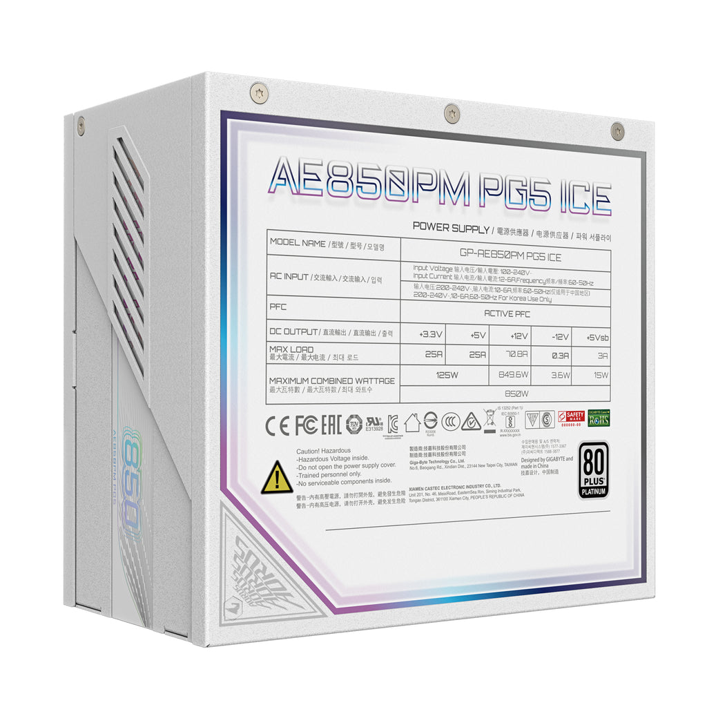 GIGABYTE AORUS ELITE P850W ICE Alimentation - PCIe 5.0, 80 PLUS Platinum, Conception entièrement modulaire, Ventilateur de 120 mm, Compatible ATX 3.0, Prise EU
