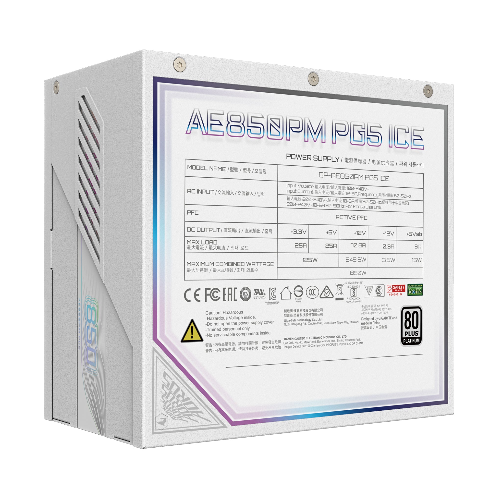 GIGABYTE AORUS ELITE P850W ICE Alimentation - PCIe 5.0, 80 PLUS Platinum, Conception entièrement modulaire, Ventilateur de 120 mm, Compatible ATX 3.0, Prise EU