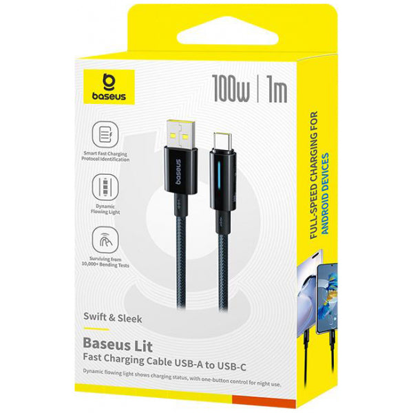 Baseus USB-A to USB-C Cable Lit Button Control, 100W, 5A, 1m, Black P10379002121-00