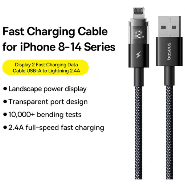 Baseus USB-A to Lightning Cable Display 2, 12W, 2.4A, 2m, Black P10382700121-01
