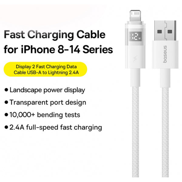 Baseus USB-A to Lightning Cable Display 2, 12W, 2.4A, 1m, White P10382700211-00