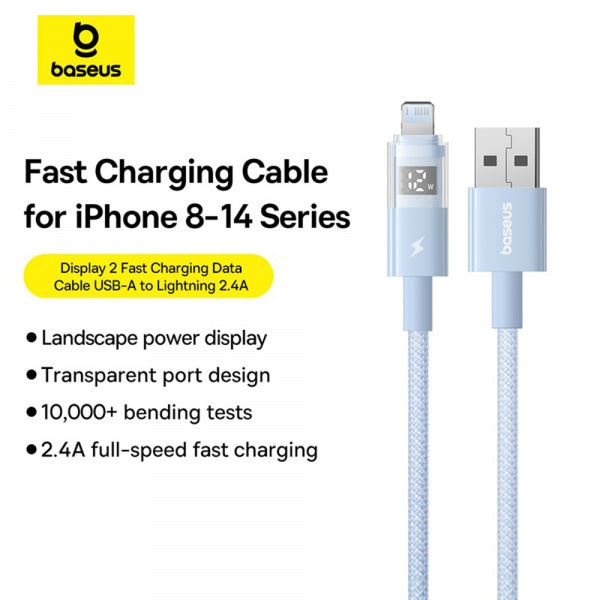 Baseus USB-A to Lightning Cable Display 2, 12W, 2.4A, 1m, Blue P10382700311-00