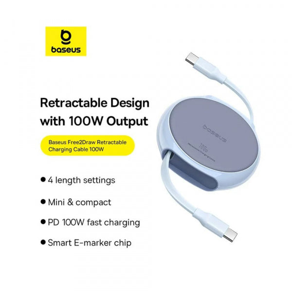 Baseus USB-C to USB-C Cable Pathfinder Retractable, 100W, 5A, 1m, Blue P10368400311-00