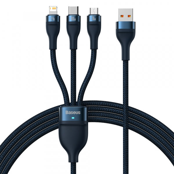 Baseus USB-A to Lightning / microUSB / USB-C Charging Cable Flash Series II 3in1, 66W, 6A, 1.2m, Blue CASS040003