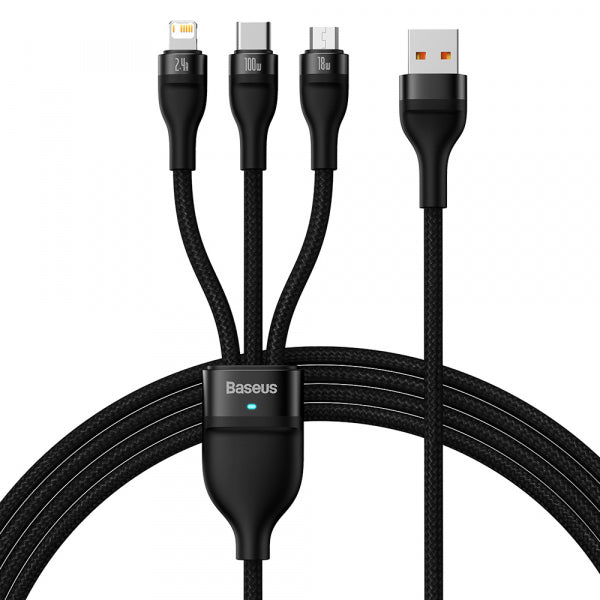 Baseus USB-A to Lightning / microUSB / USB-C Charging Cable Flash Series II 3in1, 66W, 6A, 1.2m, Black CASS040001