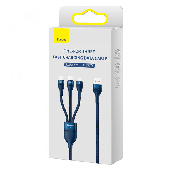 Baseus USB-A to Lightning / microUSB / USB-C Charging Cable Flash Series II 3in1, 66W, 6A, 1.2m, Blue CASS040003