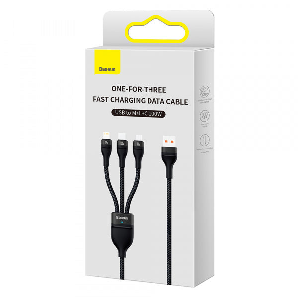 Baseus USB-A to Lightning / microUSB / USB-C Charging Cable Flash Series II 3in1, 66W, 6A, 1.2m, Black CASS040001