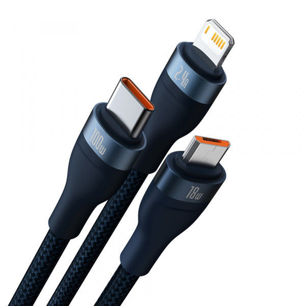 Baseus USB-A to Lightning / microUSB / USB-C Charging Cable Flash Series II 3in1, 66W, 6A, 1.2m, Blue CASS040003