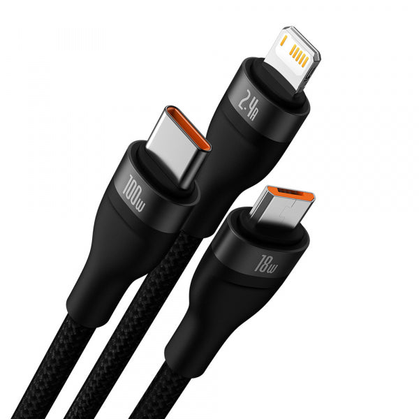 Baseus USB-A to Lightning / microUSB / USB-C Charging Cable Flash Series II 3in1, 66W, 6A, 1.2m, Black CASS040001