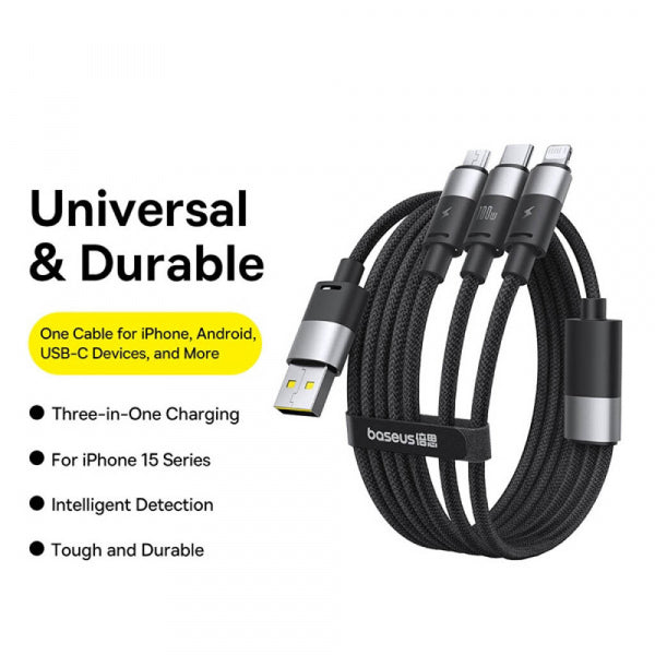 Baseus USB-A to Lightning / microUSB / USB-C Charging Cable StarSpeed 3in1, 100W, 5A, 1.5m, White P10319900211-00