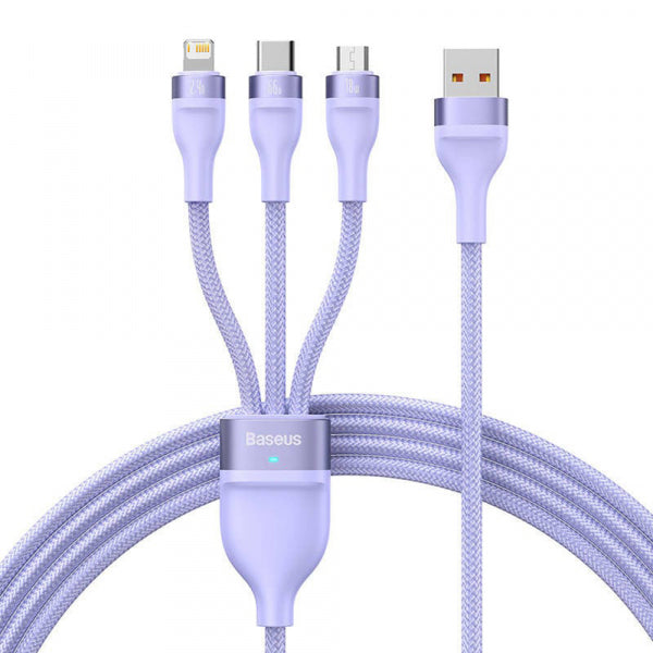 Baseus USB-A to Lightning / microUSB / USB-C Charging Cable Flash Series II 3in1, 66W, 6A, 1.2m, Purple CASS040005