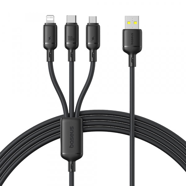 Baseus USB-A to Lightning / microUSB / USB-C Charging Cable Silky 3in1, 100W, 5A, 1.5m, Black P10377705123-00