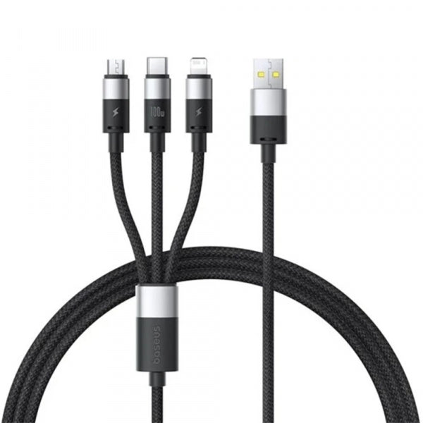 Baseus USB-A to Lightning / microUSB / USB-C Charging Cable StarSpeed 3in1, 100W, 5A, 1.5m, Black P10319900111-01