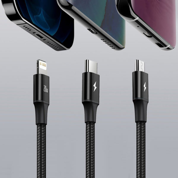 Baseus USB-C to Lightning / microUSB / USB-C Charging Cable Rapid 3in1, 20W, 2.4A, 1.5m, Black CAMLT-SC01