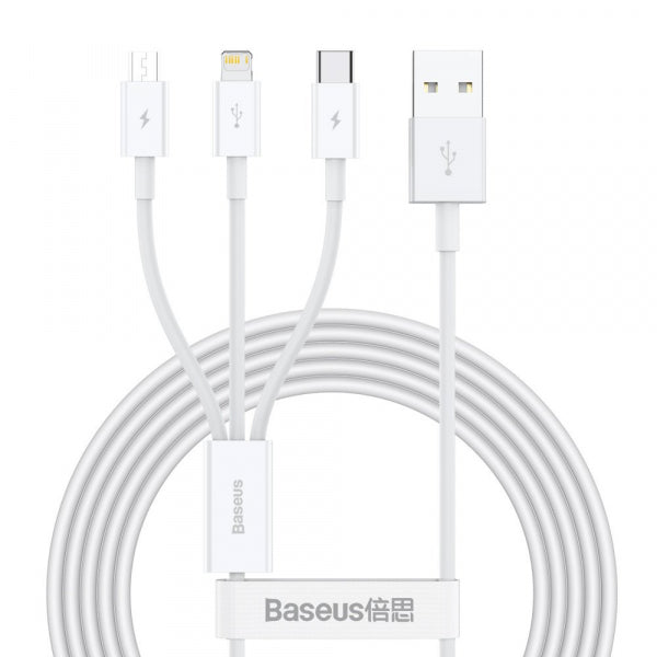 Baseus USB-A to Lightning / microUSB / USB-C Charging Cable Superior 3in1 Series, 20W, 3.5A, 1.2m, White CAMLTYS-02