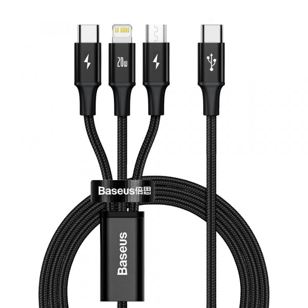Baseus USB-C to Lightning / microUSB / USB-C Charging Cable Rapid 3in1, 20W, 2.4A, 1.5m, Black CAMLT-SC01