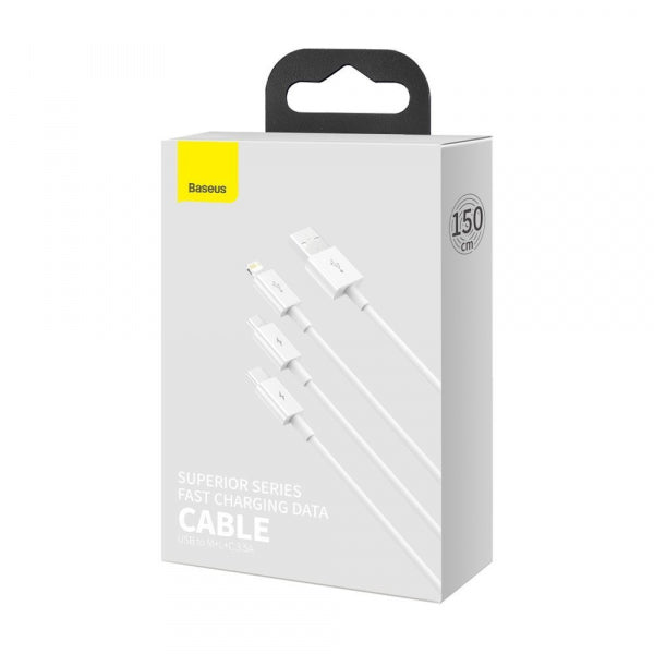 Baseus USB-A to Lightning / microUSB / USB-C Charging Cable Superior 3in1 Series, 20W, 3.5A, 1.2m, White CAMLTYS-02