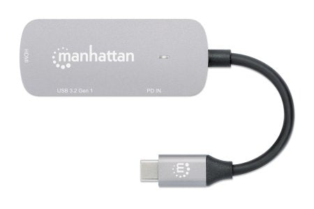 Manhattan Dock/hub USB-C, 3 ports : HDMI, USB-A, USB-C, avec Power Delivery (PD) 100 W - nécessite un chargeur USB-C externe (non inclus). Alimenté par USB (aucune alimentation externe requise) lorsque le PD n’est pas utilisé, aluminium