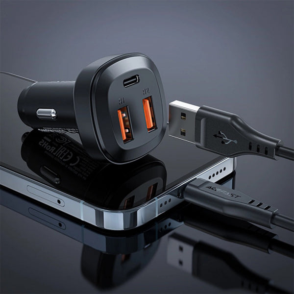 Acefast Car Charger B9, 66W, 5A, 2 x USB-A - 1 x USB-C, Black