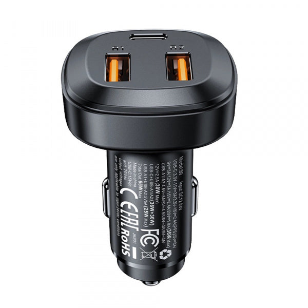 Acefast Car Charger B9, 66W, 5A, 2 x USB-A - 1 x USB-C, Black