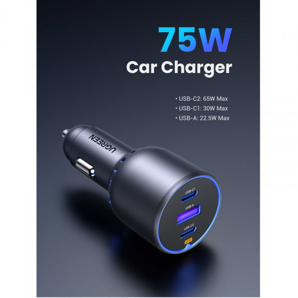 Ugreen Car Charger EC703, 75W, 3.25A, 1 x USB-A - 2 x USB-C, Black