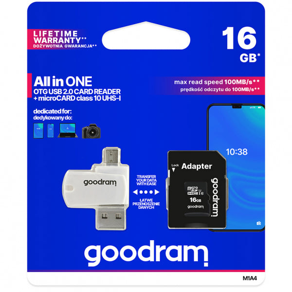 GoodRam microSDHC Memory Card with Card Reader and Adapter, 16Gb, Class 10 / UHS-1 U1 M1A4-0160R12